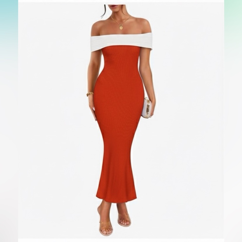 Red and White Off-Shoulder Dress